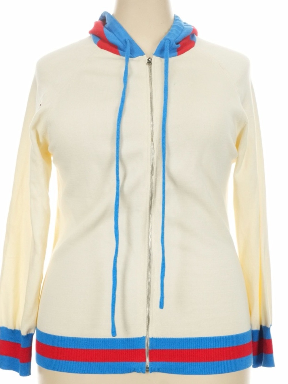 Cream Zip-Front Hoodie Cardigan with Blue & Red Trim